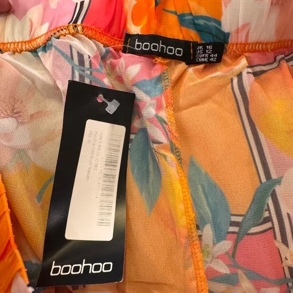 Boohoo Floral Citrus Print Wide Leg Sheer Beach Trousers Tropical Summer Sz 12 - Picture 7 of 12